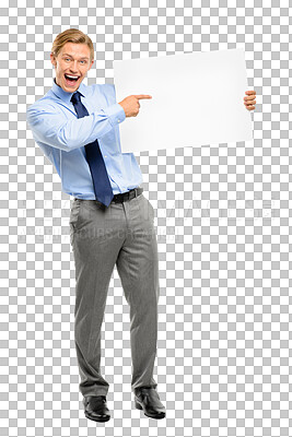 Buy stock photo A handsome businessman standing alone in the studio and pointing at a promotion isolated on a png background