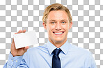 a handsome businessman standing alone in the studio and holding a blank card isolated on a png background