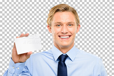 Buy stock photo a handsome businessman standing alone in the studio and holding a blank card isolated on a png background