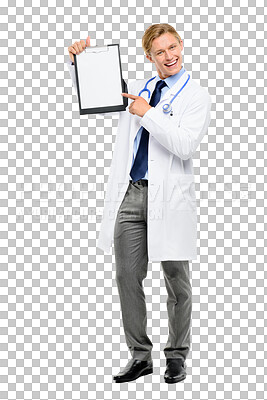 Buy stock photo  a handsome doctor standing alone in the studio and pointing at a clipboard isolated on a png background
