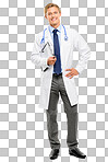 A handsome doctor standing alone in the studio and posing while holding a clipboard isolated on a png background