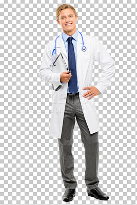 Buy stock photo A handsome doctor standing alone in the studio and posing while holding a clipboard isolated on a png background