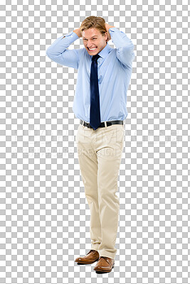Buy stock photo A handsome businessman standing in the studio with his hands behind his head in excitement isolated on a png background