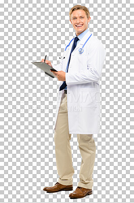 Buy stock photo A handsome doctor standing alone in the studio and writing on a clipboard isolated on a png background