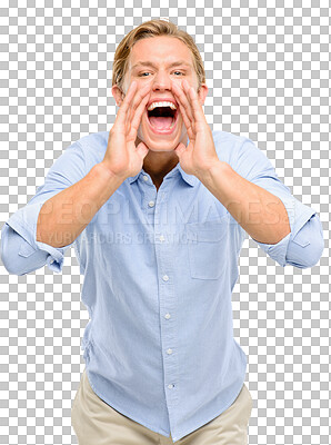 Buy stock photo a handsome businessman standing alone in the studio and yelling isolated on a png background