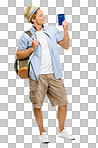 A handsome tourist standing alone in the studio and holding his passport isolated on a png background