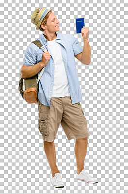 Buy stock photo A handsome tourist standing alone in the studio and holding his passport isolated on a png background