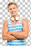 A handsome man standing alone in the studio and posing with his arms folded isolated on a png background