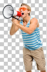 a handsome man standing alone in the studio and using a megaphone isolated on a png background
