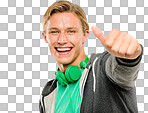 A handsome man standing alone in the studio and showing a thumbs up isolated on a png background