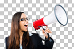 A businesswoman shouting into a megaphone isolated on a png background