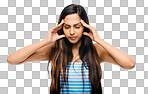 a woman clutching her head in pain against isolated on a png background