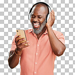 One mature african american man listening to music using wireless headphones while isolated Happy man with a grey beard smiling while streaming on his phone in studio isolated on a png background