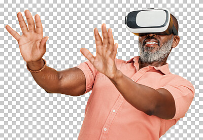 Buy stock photo One mature african american man using a virtual reality headset while standing in studio isolated on a png background. Handsome man with a grey beard using wireless technology to play games