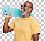 Funky cool mature African American man isolated against isolated on a png background and posing with a skateboard. Smiling black man wearing sunglasses feeling youthful and energetic. Skating is fun
