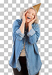 One happy mature caucasian woman wearing a birthday hat while posing in the studio. Smiling white lady celebrating another year while looking surprised and overjoyed isolated on a png background