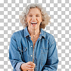 One happy mature caucasian woman playing with a sparkler on her birthday while posing against in the studio. Smiling white lady showing joy and happiness while celebrating isolated on a png background