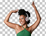 A music, radio dance and black woman with smile while streaming podcast Happy and smile African person with dancing energy from audio with headphones isolated on a png background