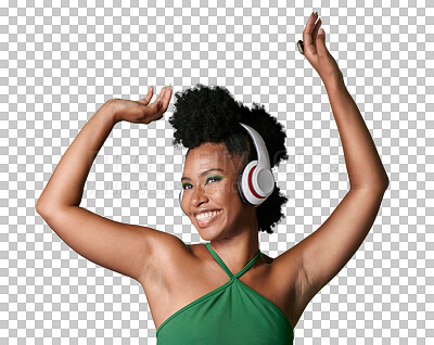 Buy stock photo A music, radio dance and black woman with smile while streaming podcast Happy and smile African person with dancing energy from audio with headphones isolated on a png background