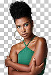 Fashion, beauty and makeup and black woman in studio for style and empowerment. Portrait, cosmetics and equality with a confident young female standing arms crossed inside isolated on a png background