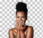 Beauty, green fashion and makeup with a black woman laughing in studio on a wall background. Portrait, happy and funny with an attractive female joking inside while her hands are on her face isolated on a png background