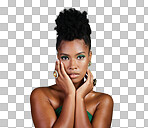 A Fashion, beauty and makeup with a black woman or model in studio for empowerment and equality. Cosmetics, hands and trendy with a beautiful female touching her beautiful face isolated on a png background