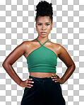 Green fashion, beauty and makeup with a black woman hands on hips in studio on a wall background. Portrait, cosmetics and style with a young female posing for a contemporary style photo shoot