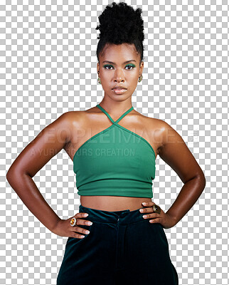 Buy stock photo A Green fashion, beauty and makeup with a black woman hands on hips in studio on a wall background. Portrait, cosmetics and style with a young female posing for a contemporary style photo shoot isolated on a png background