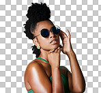 A Fashion, beauty and retro black woman with sunglasses for vintage style, trend or eye protection. Face accessory, gen z and cool African girl or person with funky hairstyle, hipster shades and trendy isolated on a png background