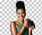 A Photography, camera and portrait of a happy black woman standing in a studio Happy, smile and professional young african creative female photographer from south africa isolated on a png background