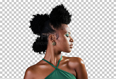 Buy stock photo A Black woman, green makeup and face on skin for beauty, fashion and cosmetics against backdrop. Model, girl and hair, show afro, eyeshadow and lips in portrait with studio background in New Orleans isolated on a png background