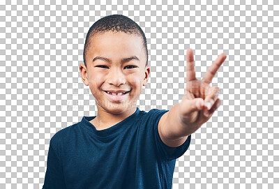 Buy stock photo Studio shot of a cute little boy making a peace sign against a grey background