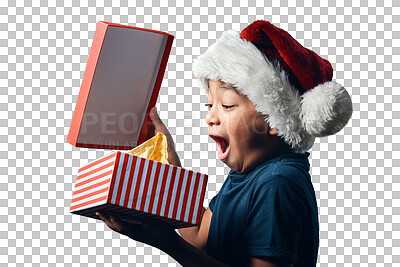 Buy stock photo Studio shot of a cute little boy opening a Christmas present against a grey background