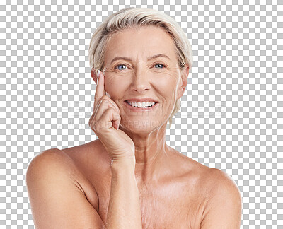 Portrait of a happy smiling mature caucasian woman looking positive and cheerful while posing topless in a studio against purple copyspace background. Older woman doing her skincare routine