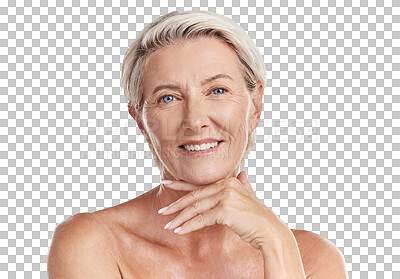 Buy stock photo Portrait of a happy smiling mature caucasian woman looking positive and cheerful while posing topless in a studio against purple copyspace background. Older woman doing her skincare routine