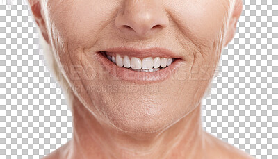 Buy stock photo Happy woman with teeth and smile, showing her natural looking dental veneers posing against a purple mockup studio background. Model woman happy with her oral healthcare hygiene and health skincare