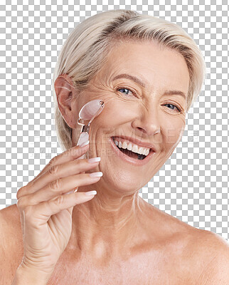 Buy stock photo Mature, portrait and woman using rose roller on face for skincare massage and beauty spa routine. Feminine, selfcare and cosmetics for anti ageing facial treatment with white studio background.
