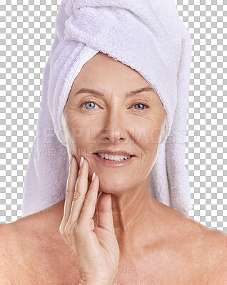 Buy stock photo Skincare, health and beauty, a senior woman, towel on head, and smile on her face, taking care of her skin after a shower. Portrait of happy, mature, elderly female and healthy treatment for wrinkles