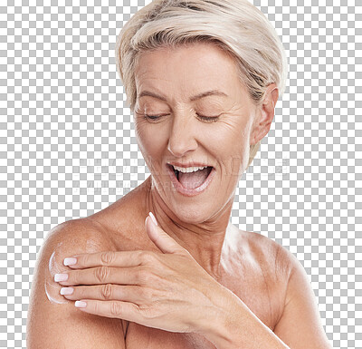 Buy stock photo Beauty, bodycare and woman applying lotion for skincare routine applying lotion on her body. Studio portrait of a happy and excited senior female with glowing and smooth skin using anti aging cream