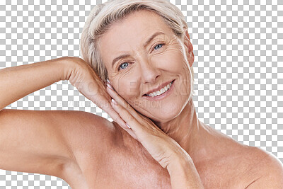 Buy stock photo Skincare, clean and happy senior woman face resting on hands in a studio portrait. Elderly beauty skin care model posing or showing bedtime routine for perfect, healthy looking or wrinkle free aging
