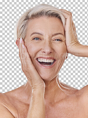 Buy stock photo Skincare, wrinkles and face of old woman or model in beauty, cosmetics or flawless skin portrait isolated on studio background. Big smile senior lady posing with anti aging skin care wellness routine