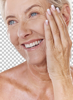 Buy stock photo Skincare, wellness and beauty face of happy mature woman grooming, apply facial or hygiene treatment. Senior female enjoying anti aging cosmetics on wrinkles, self care and routine cleaning at home