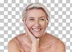 Portrait of a happy smiling mature caucasian woman looking positive and cheerful while caring for her skin in a studio against purple copyspace background. Older woman doing her skincare routine