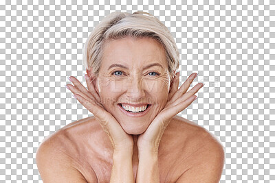 Buy stock photo Portrait of a happy smiling mature caucasian woman looking positive and cheerful while caring for her skin in a studio against purple copyspace background. Older woman doing her skincare routine