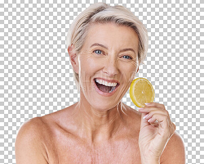 Buy stock photo Skincare, health and face of senior lady with a healthy lifestyle holding an organic lemon. Portrait of a happy mature female with wrinkles doing a fresh citrus fruit body care wellness routine.