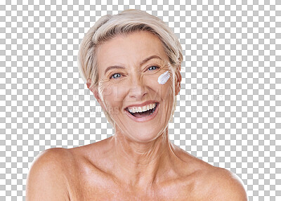 Buy stock photo Senior woman skin care, sunscreen and face wash or cream on skin with happy looking portrait in a studio. Skincare, clean and hygiene of elderly lady for wrinkles free aging or antiaging moisturizer
