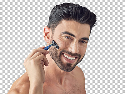 Buy stock photo Shot of a handsome young man shaving his beard while standing against a grey background
