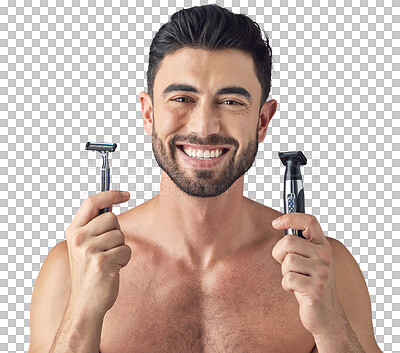 Buy stock photo Studio shot of a man holding up a disposable razor and an electric shaver