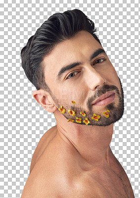 Buy stock photo Studio shot of a handsome young woman posing with flowers in his beard