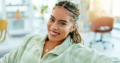 Buy stock photo Portrait, smile and a woman with braids in the living room of her home to relax alone on the weekend. Face, flare and a happy young person chilling in the lounge of her apartment to enjoy free time